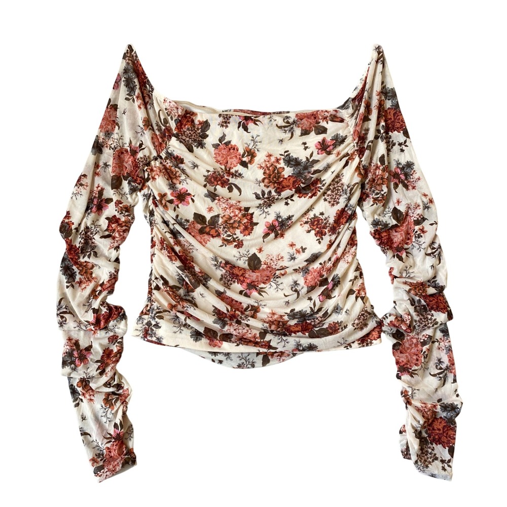 Jolie & Joy Whimsigoth Milkmaid Floral Ruched Mesh Top Women XL Cream Fairycore